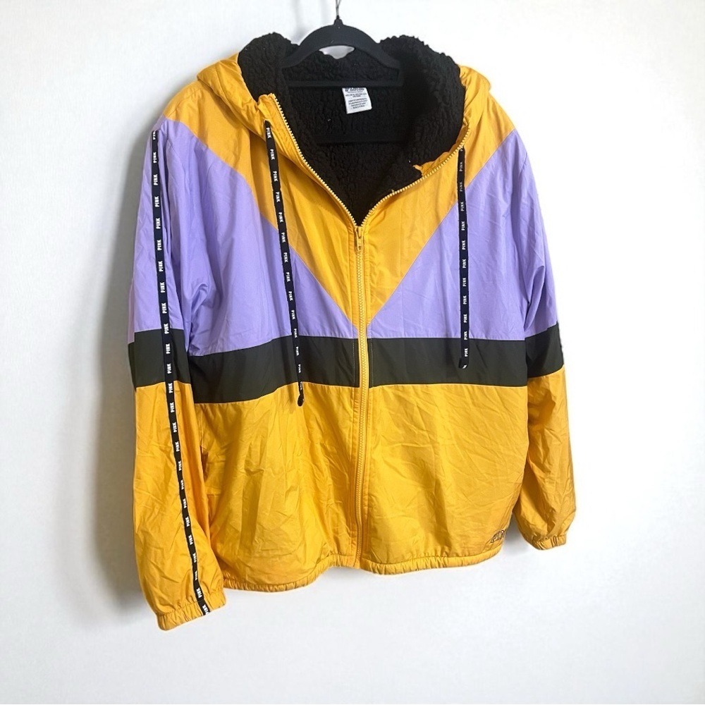 PINK Victoria's Secret Yellow Anorak Sherpa Lined Zip Up Hooded Jacket M / L BF